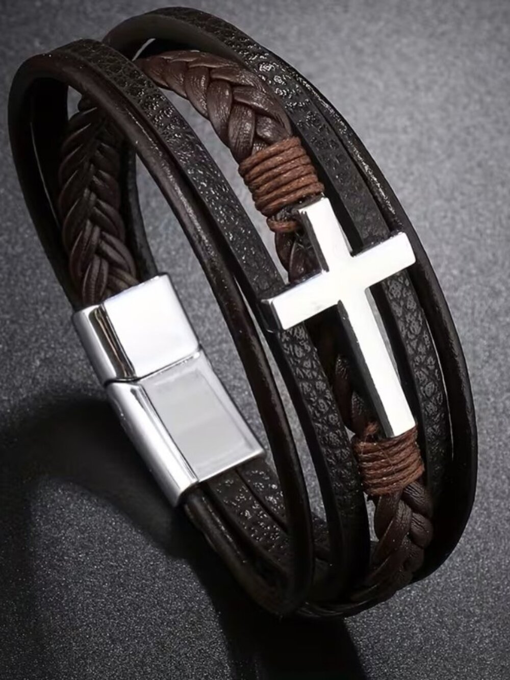 Men's Silver Cross w/ Brown Bracelet Christian Faith Religious Jesus Wristband